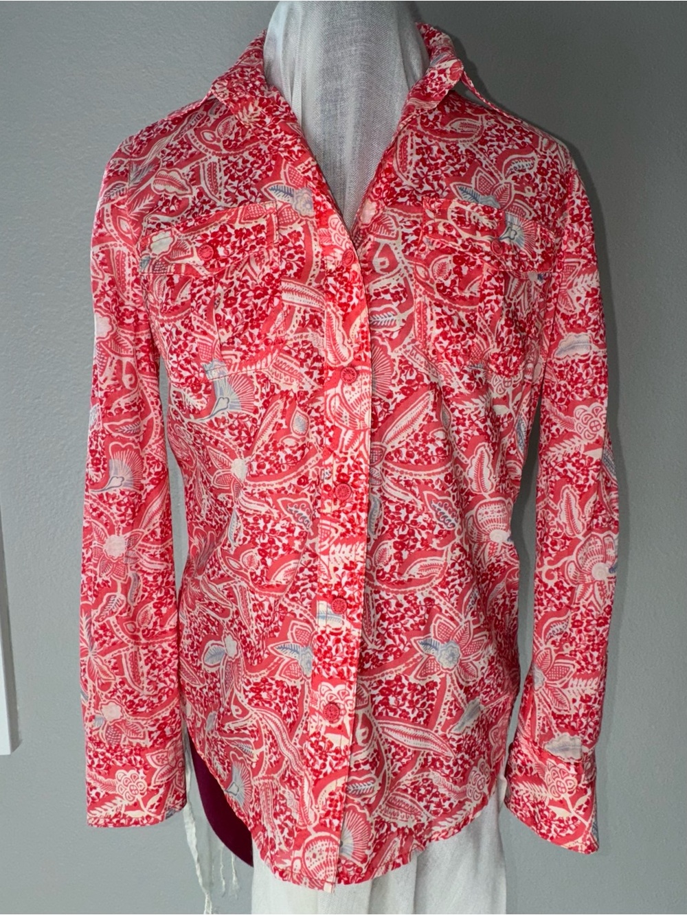 Tory Burch Red and White Floral Print Button-front Shirt